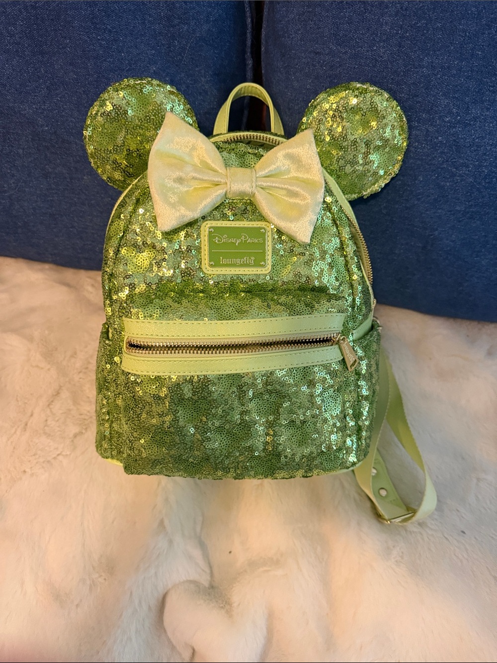 Loungefly Green Sequin Minnie Ear Mini Backpack with Pale Green Bow